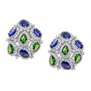 18K Blue & Green Garnet Diamond Cluster Earrings